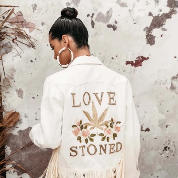 Rue de Seine Love Stoned denim jacket cream white fringe embroidered beaded BNWT - Picture 7 of 7
